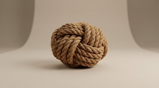Rope tied into a decorative monkey fist knot sits centered on a clean studio surface with soft gradient lighting.