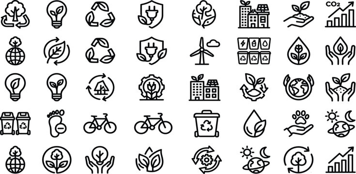 Eco Friendly Sustainability and Renewable Green Energy Line Icon Set with Recycling Waste Sorting Carbon Footprint and Solar Power Symbols