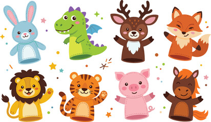 Obraz premium Cute animal hand puppets vector set featuring cartoon plush toys for kids theatre game performance storytelling educational childhood activities isolated on white