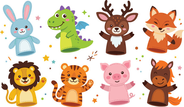 Cute animal hand puppets vector set featuring cartoon plush toys for kids theatre game performance storytelling educational childhood activities isolated on white