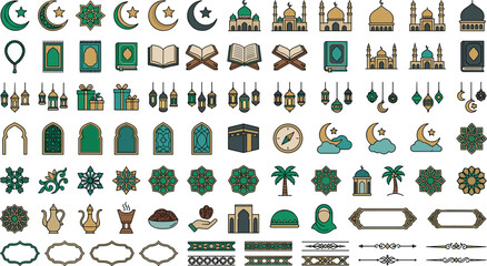 Islamic ramadan kareem traditional elements line vector icon set featuring mosque quran kaaba lanterns crescent moon and arabesque patterns illustration © Mehedi