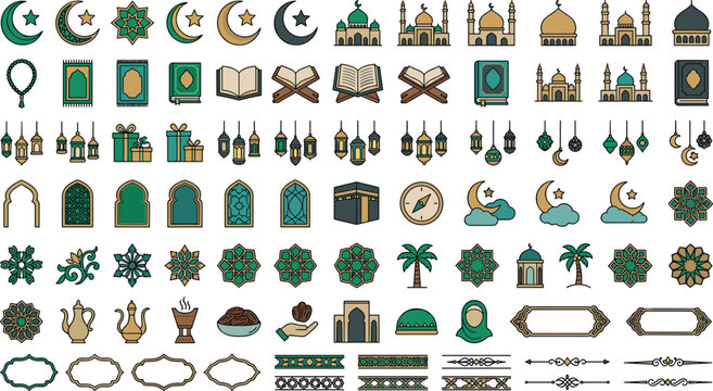 Islamic ramadan kareem traditional elements line vector icon set featuring mosque quran kaaba lanterns crescent moon and arabesque patterns illustration