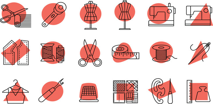 Sewing and Tailoring Line Icon Set with Dressmaker Mannequin Scissors Thread Spools Sewing Machine Fabric Patterns and Craft Tools