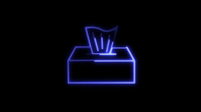 Glowing neon blue animated tissue box icon or symbol isolated on a pure black background. Ideal for hygiene, health concepts, allergy awareness, and pandemic related videos.
