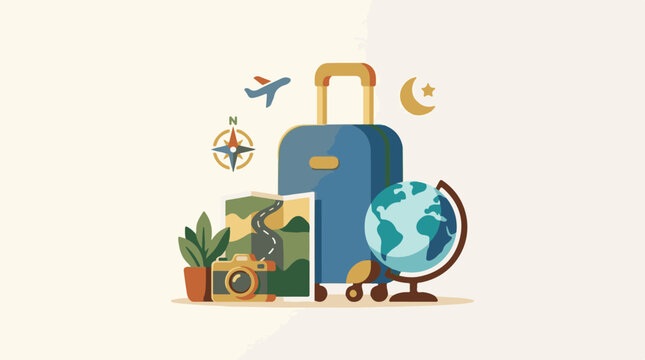Illustrated travel essentials including suitcase globe map camera and plane