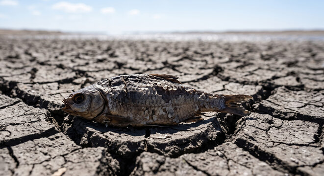 A single desiccated dead fish rests on severely baked and cracked mud, illustrating the devastating ecological impact of extreme water depletion.