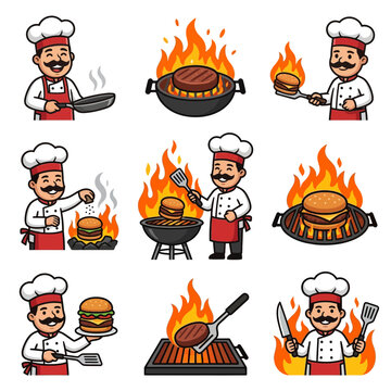 Professional Chef Character Mascot Set Grilling Delicious Burgers over Hot Flames