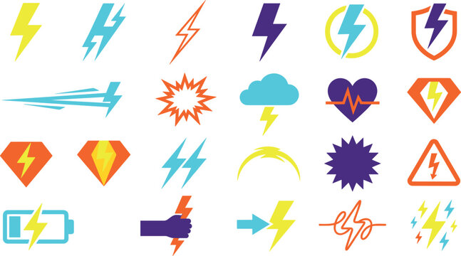 Modern Lightning Bolt and Electricity Icon Set Featuring Power Battery Charging Superhero Badges Weather Storm and Energy Interface Graphic Elements