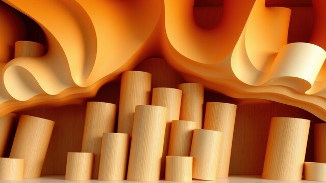 Abstract composition. Wooden cylinders below flowing orange shapes. Minimalist design, warm tones, dramatic lighting. Modern art installation.