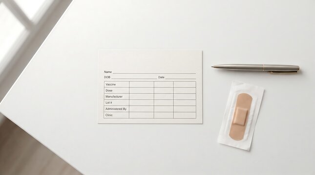 Vaccination record card with adhesive medical bandage