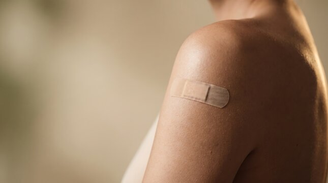 Adhesive bandage on shoulder after vaccine injection