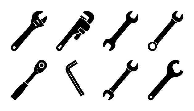 Set of 7 Black Silhouette Tools: Wrenches, Ratchet, Allen Key. Industrial, DIY, Repair Icons.