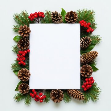 A festive arrangement featuring a clean paper frame bordered by rustic pine cones, vibrant red berries, and green evergreen tree branches, nature, white, celebration
