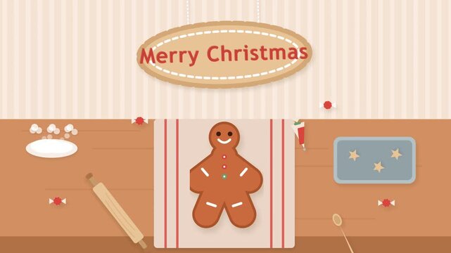 Christmas baking animation with a gingerbread cookie, rolling pin, candies, icing, and a cheerful Merry Christmas kitchen scene.
