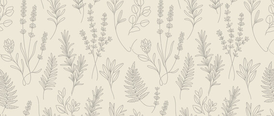 Fototapeta premium Minimalist botanical line art seamless pattern with herbs and lavender