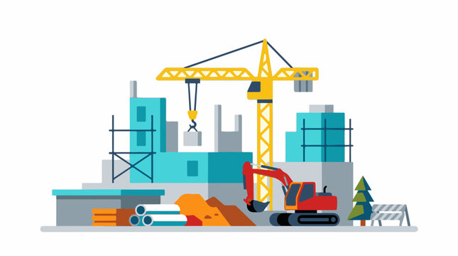 Modern building site with crane excavator and materials