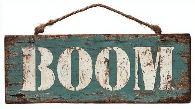 Rustic sign with BOOM text isolated on white background