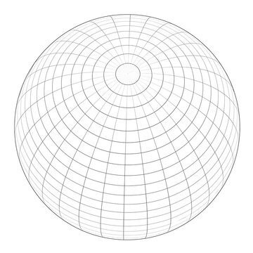 wireframe globe with concentric polar grid. thin line sphere showing latitude rings and longitude meridians from above. geography cartography and world map element. minimal outline vector illustration