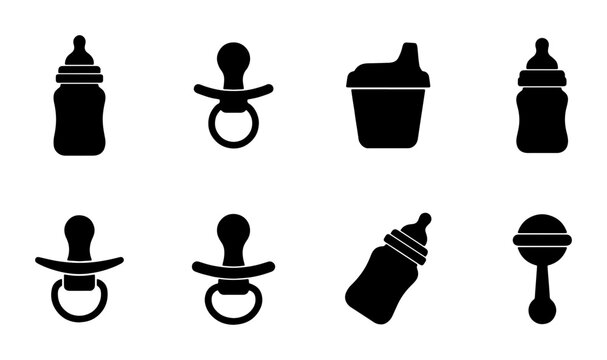 Baby Icons, 8 Piece Vector Set: Bottles, Pacifiers, Sippy Cup, Rattle for Newborn Care