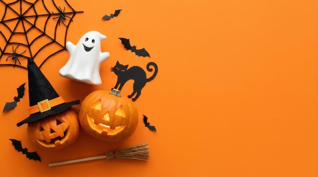 Spooky Halloween flat lay featuring jack o lanterns with witch hats, a friendly ghost, black bats, and a spider web over a vibrant orange background with copy space for creative festive holiday