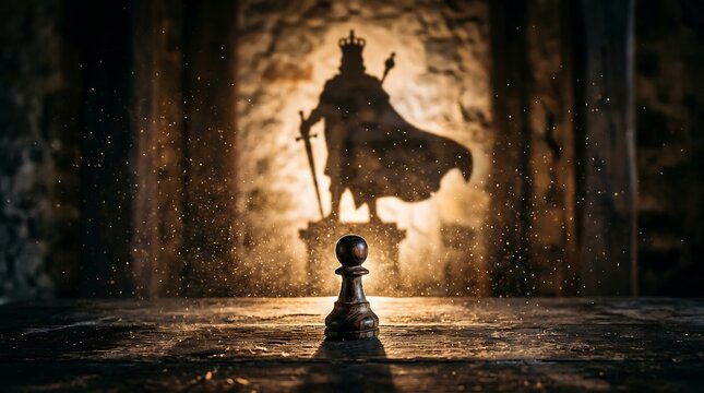 Chess pawn stands on a wooden board while casting a grand shadow of a royal monarch upon the wall.
