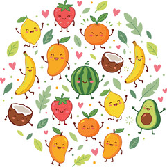 Fototapeta premium Cute kawaii fruits circular composition vector illustration featuring happy smiling cartoon characters strawberry mango banana watermelon avocado isolated on white