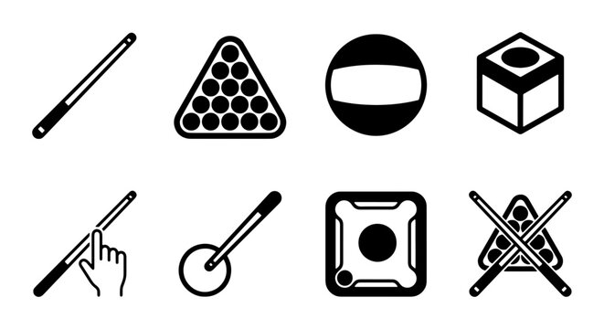 Billiard Game Icons Set, Pool Cue, Balls, Rack, Chalk, and Accessories Vector Graphics Collection