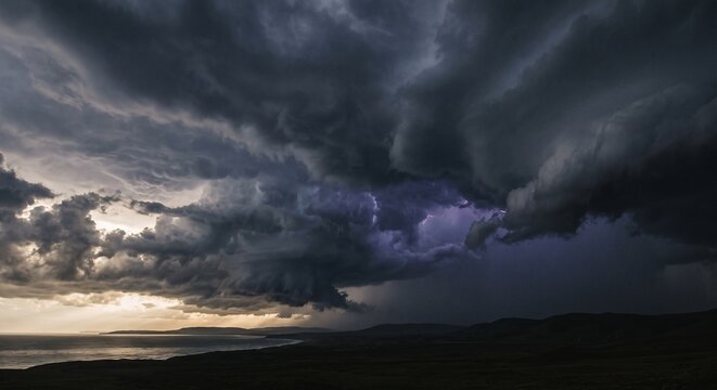 Dramatic Storm Clouds with Lightning Over the Ocean at Sunset
일몰 시 바다 위의 번개를 동반한 극적인 폭풍우 구름