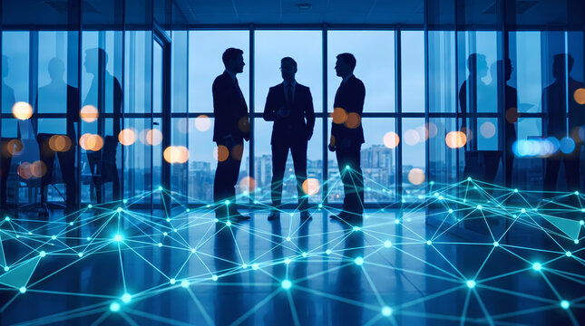 three businessmen silhouette standing in office with warm bokeh lights.blue digital network connection overlay foreground
