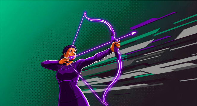 Female archer aiming a glowing neon bow in a dynamic pose. Vibrant illustration of a woman in purple gear on a stylized background. Concept of precision and power for gaming or sports branding.