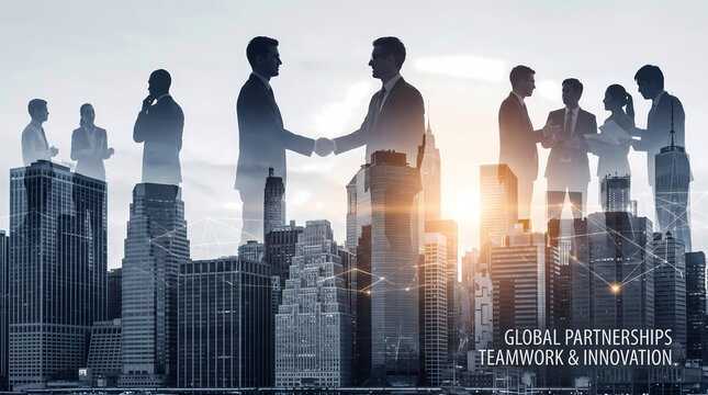 silhouette businesspeople shaking hands over city skyline double exposure.sunset tones with global partnerships teamwork innovation text