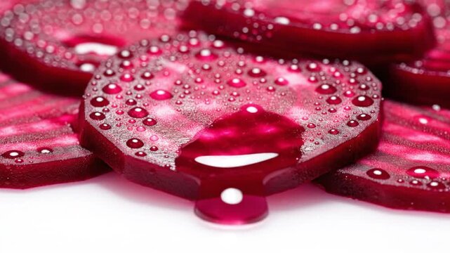 Close-up of beetroot slices with water droplets and liquid being poured on white background