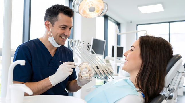 smiling dentist holding dental tool talking to female patient.dental chair and clinic equipment in bright office background