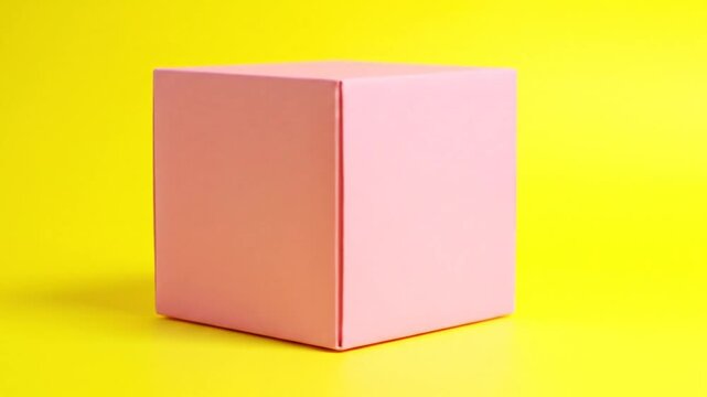 Pink cube box on yellow background rotating slowly, minimalist abstract presentation of geometrical shape