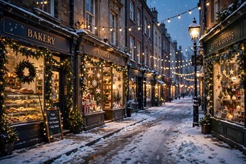 Fototapeta premium Snowy street lined with illuminated shops and festive decorations