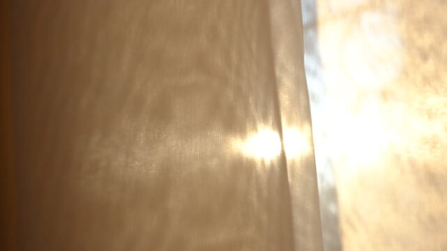 Autumn equinox bathes the room in a magical light. Soft rays of sunlight stream through a sheer, transparent curtain, diffusing into a warm, golden glow that fills the cozy bedroom. Atmospheric mood