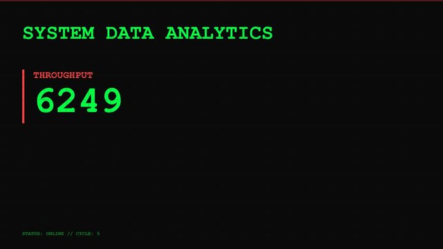 System data analytics display, increasing throughput values on screen, dynamic graphics with red and green text, symbolizing technological progress and data analysis