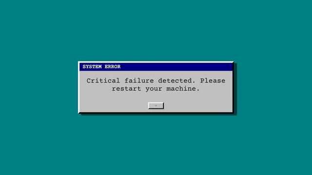 System error message, critical failure detected on computer screen, tech glitch, symbolizing technology failure and error