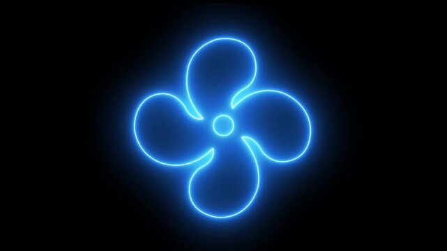 Glowing neon fan propeller icon with rotating three-blade animation on black background,