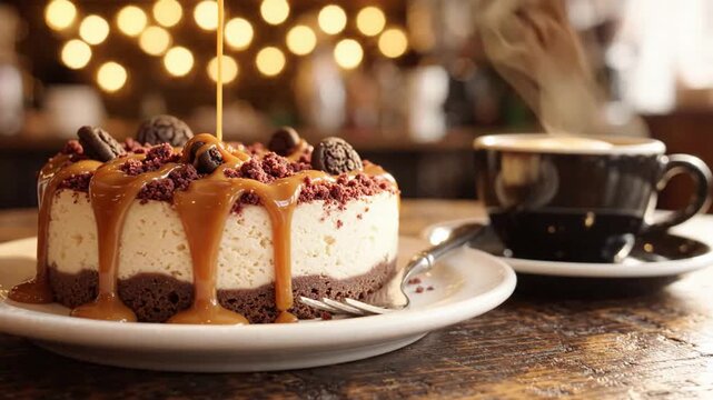 Decadent Caramel Cheesecake Dessert with Coffee in Cozy Cafe Setting for Food Blogs and Restaurant Menus