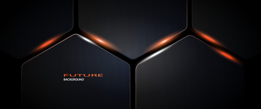 Dark hexagon abstract technology background with orange and white colored bright flashes under hexagon. Hexagonal gaming vector abstract tech futuristic wide banner.