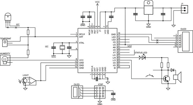 Electronic Sensor Interface Circuit Schematic with Microcontroller OLED Display and Embedded System Wiring Diagram Design