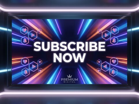 Neon subscribe button, premium membership concept, colorful play button icons, glowing background