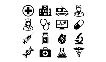 Obraz premium Monochrome medical icon collection with hospital medicine emergency healthcare and laboratory symbols vector illustration
