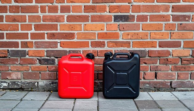 Black and red plastic fuel containers against brick wall