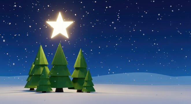 Low poly geometric evergreen trees stand in a peaceful snowy landscape at night under a large glowing star with soft falling snowflakes, evergreen, illumination, decoration