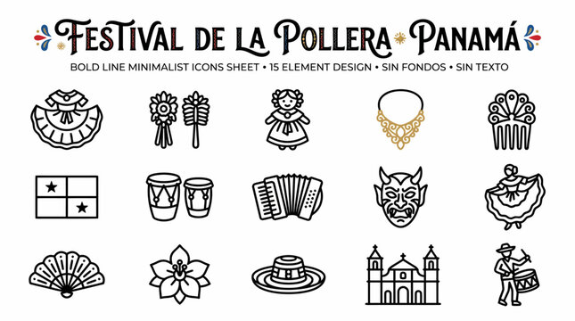 Panama Pollera Festival Icons - Minimalist Line Art Collection
