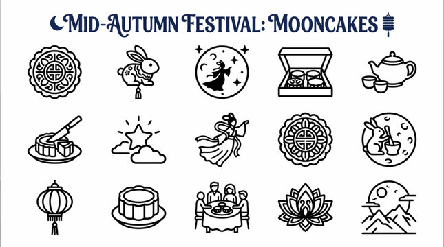 Mid-Autumn Festival Icons: Mooncakes, Lanterns, Rabbits, Tea