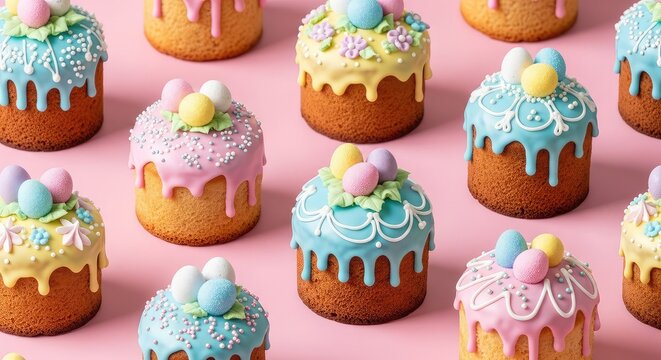 Seamless pattern of miniature festive Easter cakes decorated with pastel icing and sugar eggs, set against a solid vibrant pink background, pastries, wallpaper, art