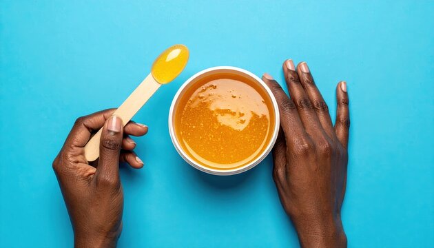 Sugaring paste on blue: Female hands holding a bowl of hair removal sugaring paste with spatulas on a blue background.